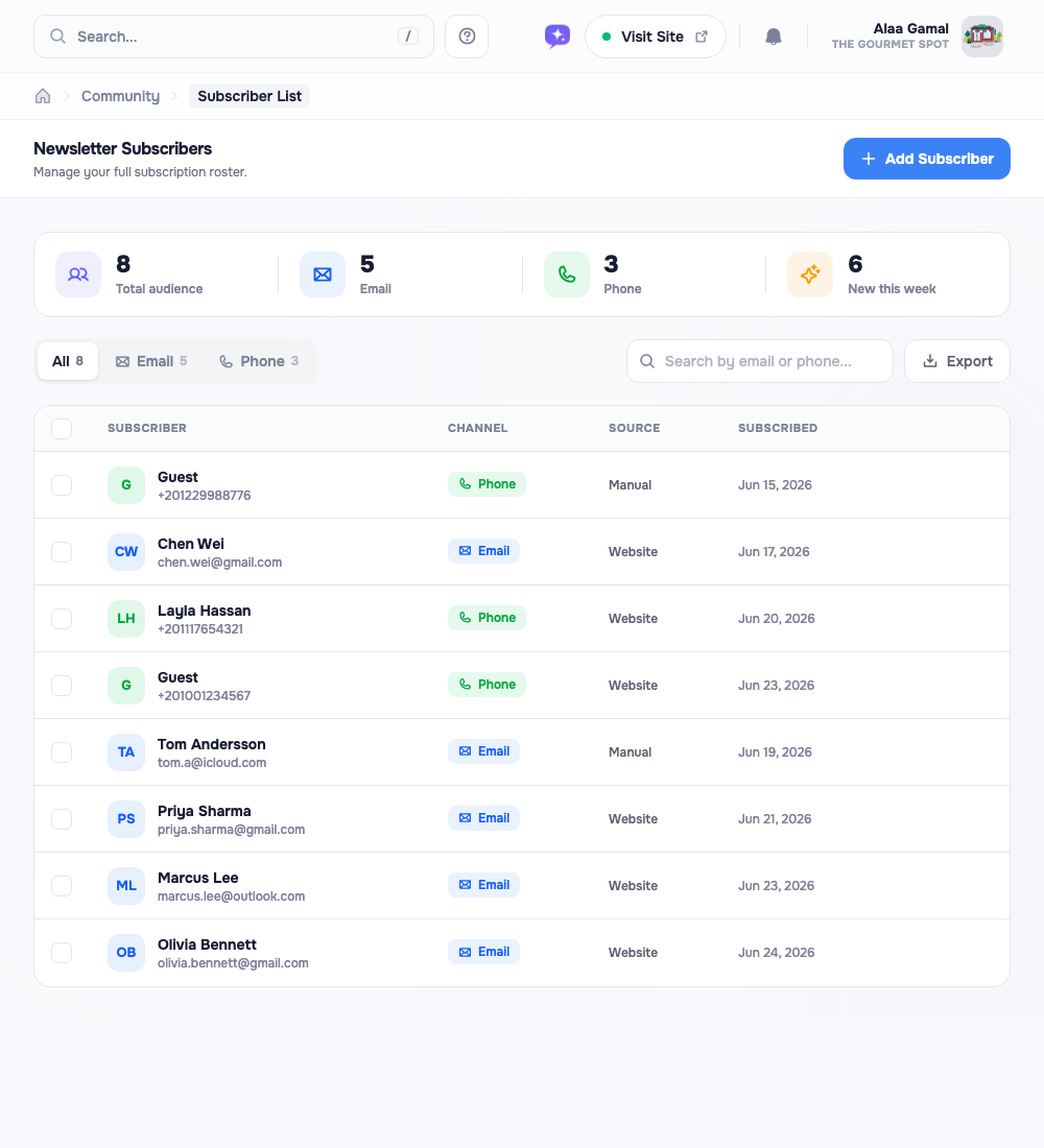 The Newsletter Subscribers page: a stats strip with totals across the top, an All / Email / Phone segmented filter with counts, a search box, an Export button, and a table listing each subscriber's name, contact, channel, source, and sign-up date.