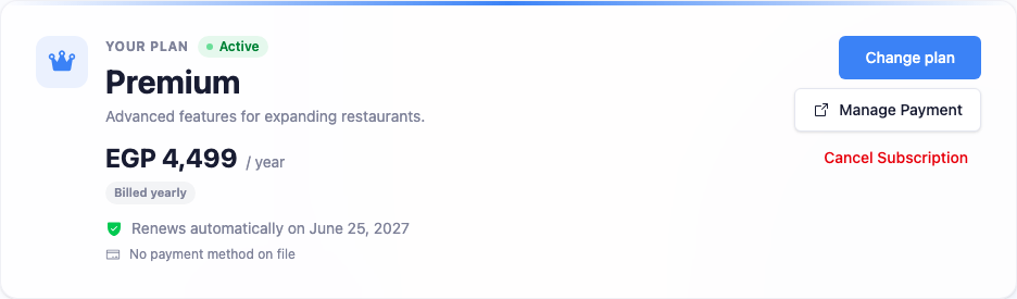 The Your Plan panel: the current plan name and status, its price (Free forever), and action buttons — Upgrade for free users, or Change plan, Manage payment, and Cancel for paid subscribers.