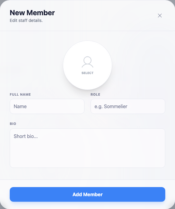 The New Member dialog: a circular photo selector, Full Name and Role fields, and a Bio field, with an Add Member button.