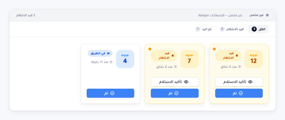 صفحة نداء النادل: شريط حالة مباشر، وتبويبات تصفية (الكل، قيد الانتظار، تمّ الإقرار) مع عدّادات، وبطاقات لكل نداء تعرض رقم طاولة كبيرًا، وشارة حالة قيد الانتظار أو تمّ الإقرار، ومنذ متى ورد، وزرّي إقرار وإكمال.